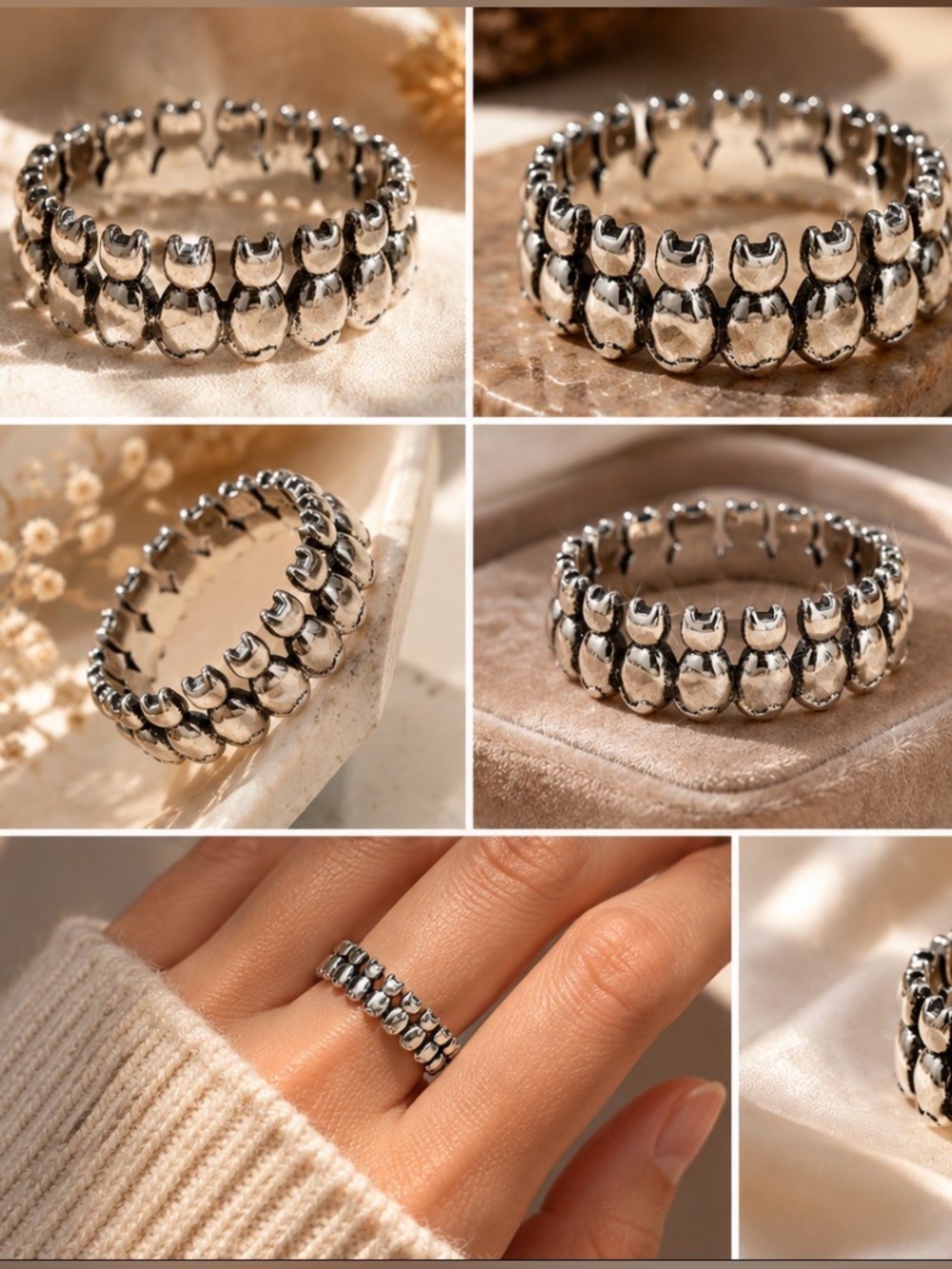 Cute Cat Band Ring | Double Row Kitty Statement Ring